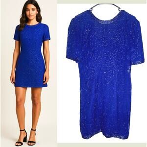Vintage 1980s Womans 6 Stenay 100% Silk Beaded Sheath Party Dress Royal Blue